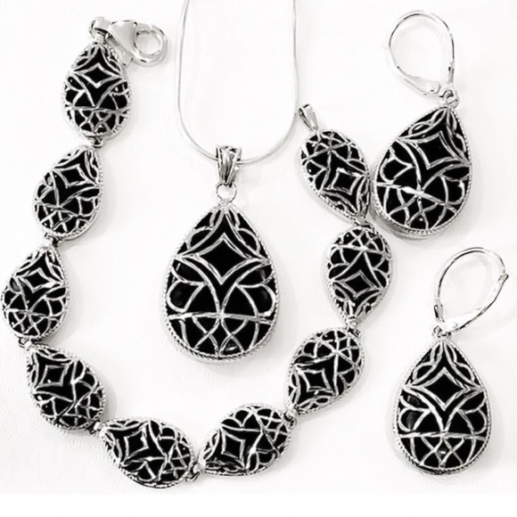 Sterling Silver Wrapped Black Onyx Filigree Jewelry Set - Picture 1 of 17
